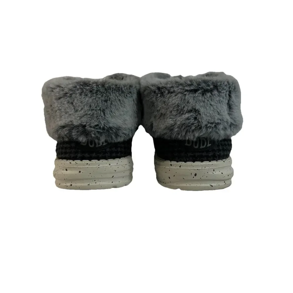 HEY DUDE Ladies’ Wendy Fold Black/Gray Faux Fur Lace Up Size 8 US